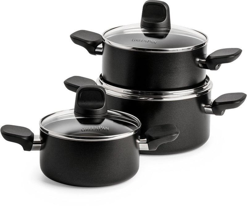 Greenpan Memphis set de poêles 6 pièces - 16 18 20 cm - 1,6 2,1 3,1 l - revêtement antiadhésif sans PFA - set de poêles à induction - poêle en céramique - passe au four jusqu'à 160°c - poignées froides - avec couvercle en verre - noir