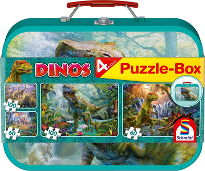Schmidt - puzzle - dinosaures, boîte à puzzle, 2x60 2x100 pièces dans un coffret métallique - enfants - à partir de 6 ans
