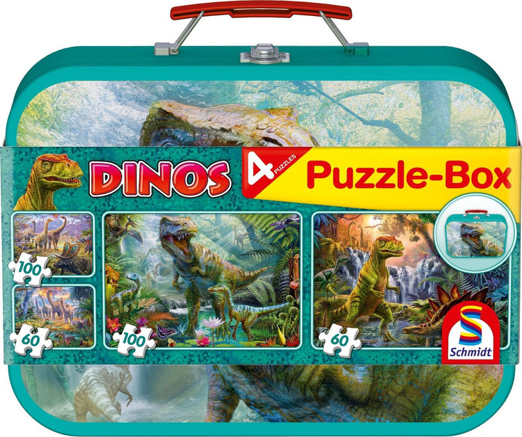 Schmidt - puzzle - dinosaures, boîte à puzzle, 2x60 2x100 pièces dans un coffret métallique - enfants - à partir de 6 ans
