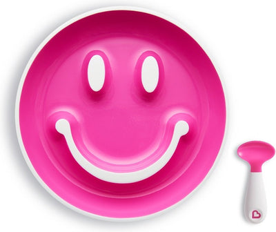 Vaisselle pour enfants Munchkin - assiette bébé avec ventouse et cuillère - smile 'n scoop - assiette avec ventouse en forme de smiley - sans BPA - 9+ mois - rose