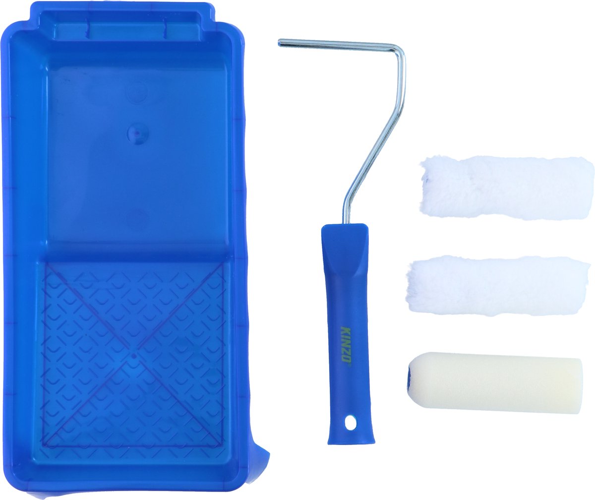 Kit de peinture Kinzo - 5 pièces : 3 rouleaux à peinture (2x rouleau en fourrure, 1x rouleau en mousse), 1 bac à peinture, 1 support
