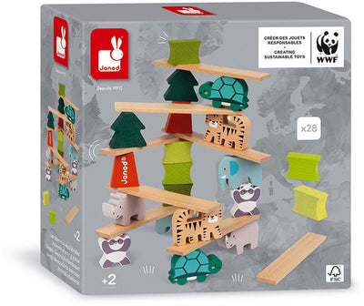 Janod wwf - gibier à empiler arbres et animaux - jeu d'équilibre 2 en 1 avec 28 pièces en bois - dès 2 ans