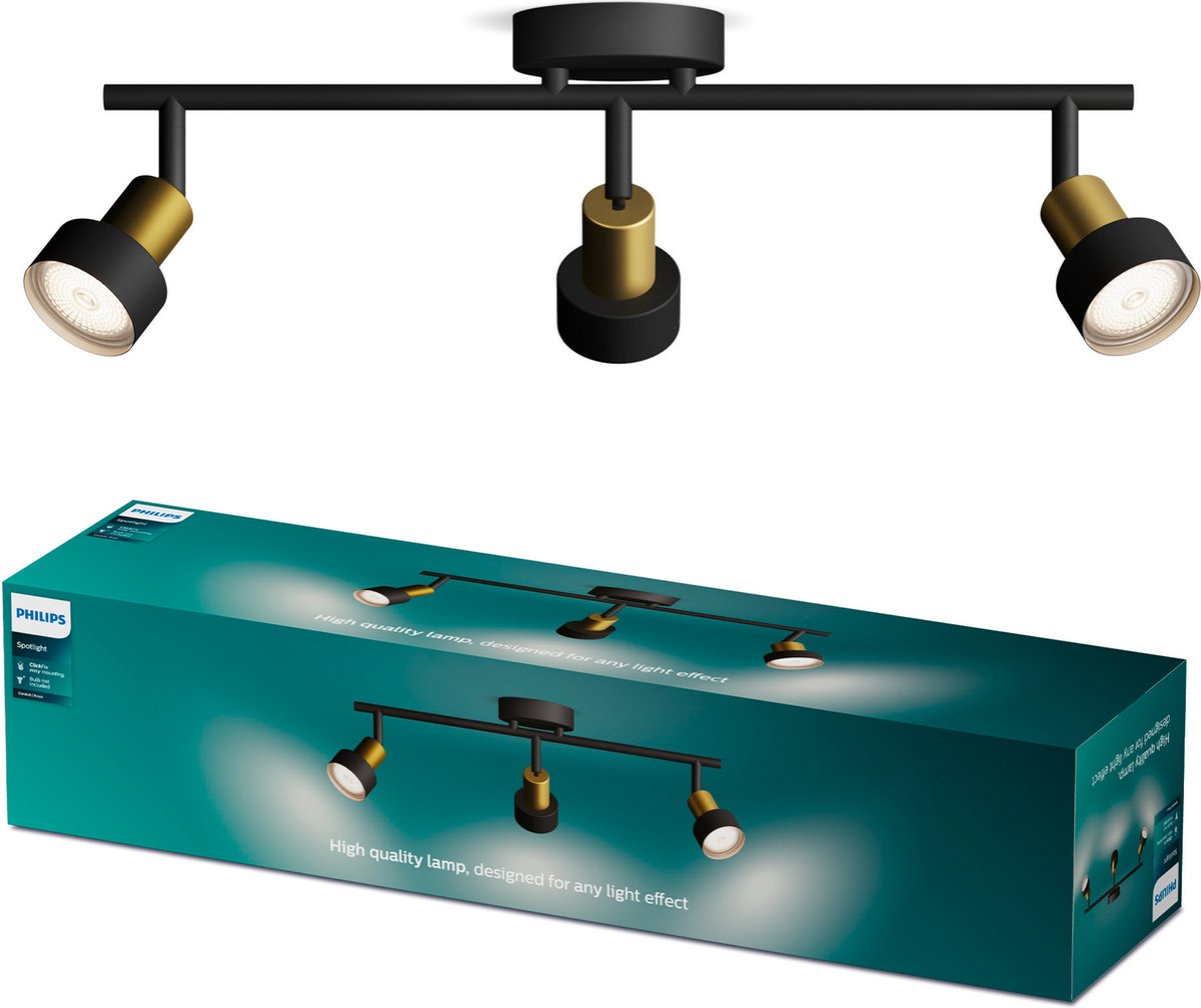 Philips LED Philips Conduit Spot - spot de plafond avec trois points lumineux - noir avec design doré - raccord LED gu10