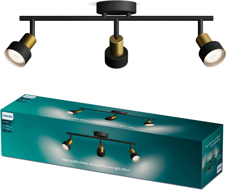 Philips LED Philips Conduit Spot - spot de plafond avec trois points lumineux - noir avec design doré - raccord LED gu10