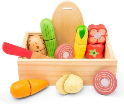 Woet new classic toys® set de découpe en bois légumes dans une boîte de rangement - set de jeu avec planche à découper, carotte, poivron, concombre - jouet alimentaire éducatif - jouets de cuisine de jeu de rôle - à partir de 24 mois