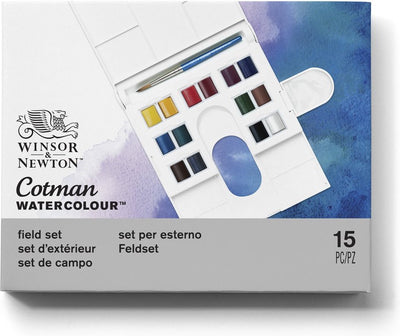 Winsor Newton 0390083 Cotman Ensemble de peinture aquarelle – Ensemble de terrain – 14 demi-godets d'aquarelle – Ensemble d'aquarelle de voyage compact avec pinceau