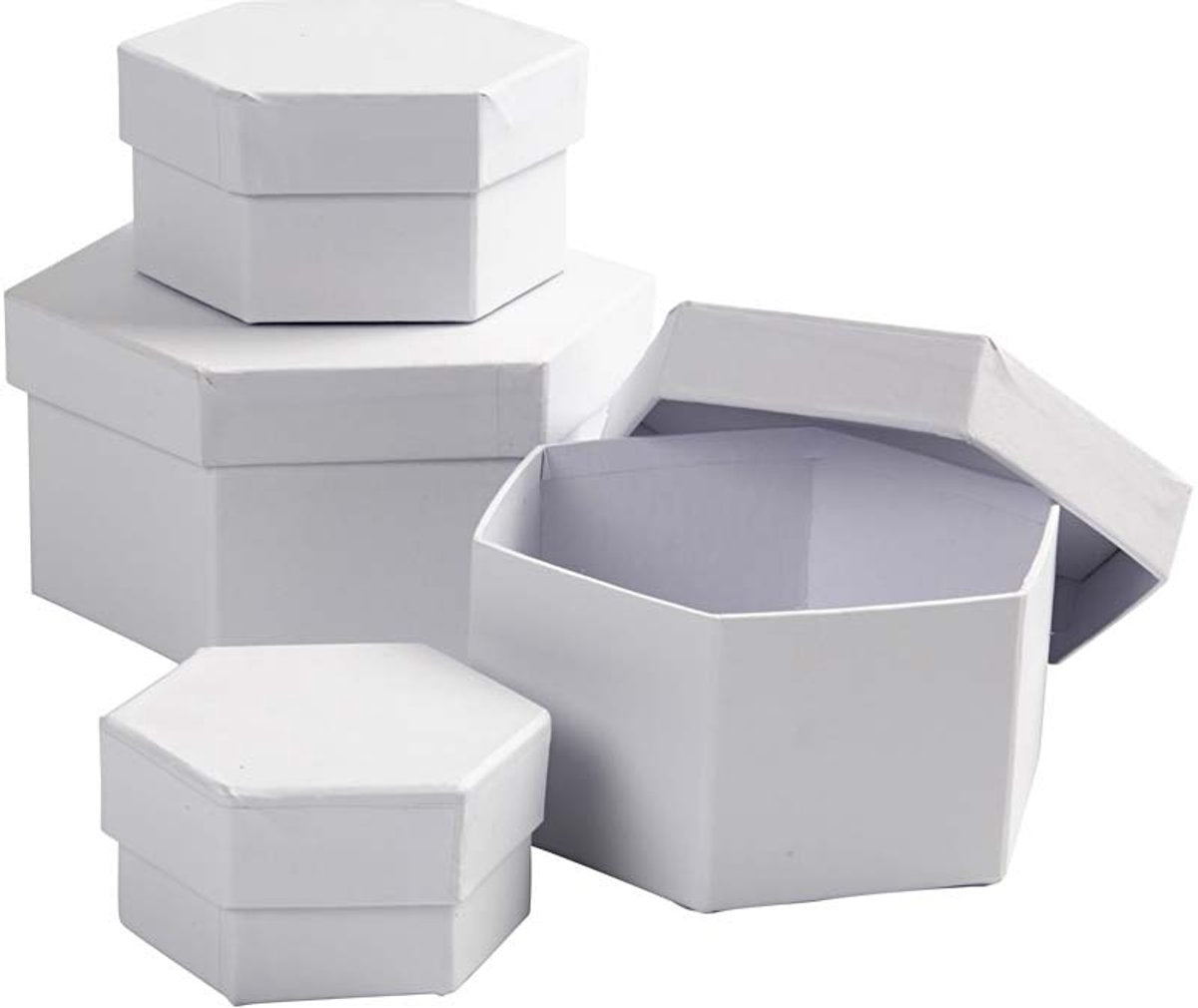 Boîtes hexagonales Creativ company, h: 4+5+6+7 cm, d 6,5+8+10+12 cm, blanc, 4 pièces 1 set