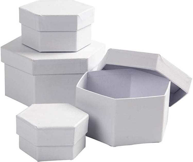 Boîtes hexagonales Creativ company, h: 4+5+6+7 cm, d 6,5+8+10+12 cm, blanc, 4 pièces 1 set