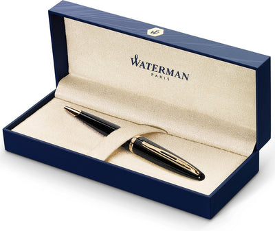 Stylo à bille Waterman Carène Mer Noire | noir brillant avec clip en or 23 carats | pointe moyenne avec cartouche d'encre bleue | emballage cadeau