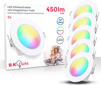 B.K. lumière - spots encastrés rgbw - lot de 5 - éclairage de salle de bain - avec télécommande - dimmable - lumière colorée - ip44 - 9,2 cm x 4,5 cm (pxh) - blanc