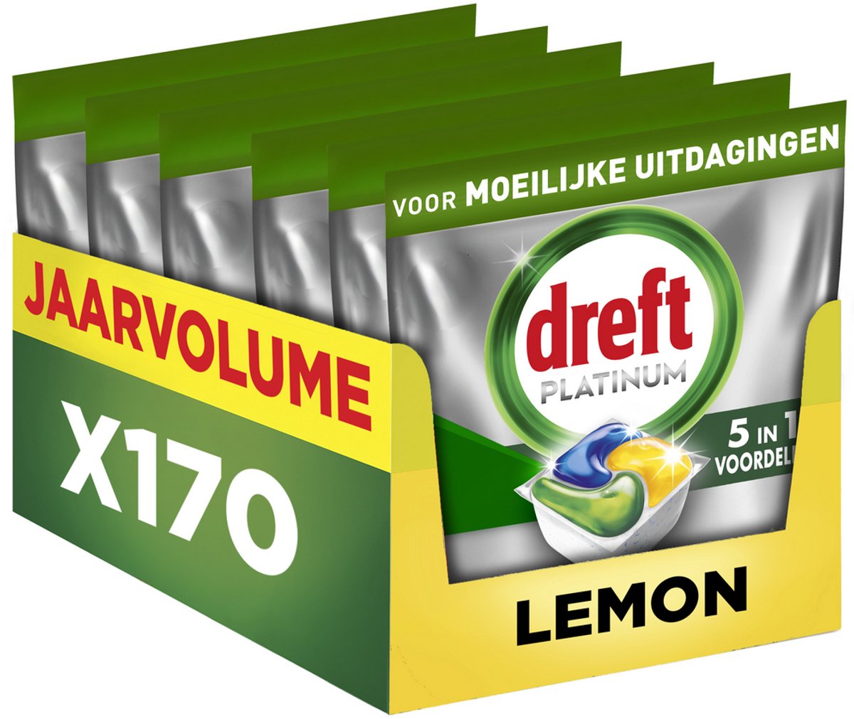 Tablettes pour lave-vaisselle tout-en-un Dreft Platinum - Citron - 170 gélules - Volume annuel