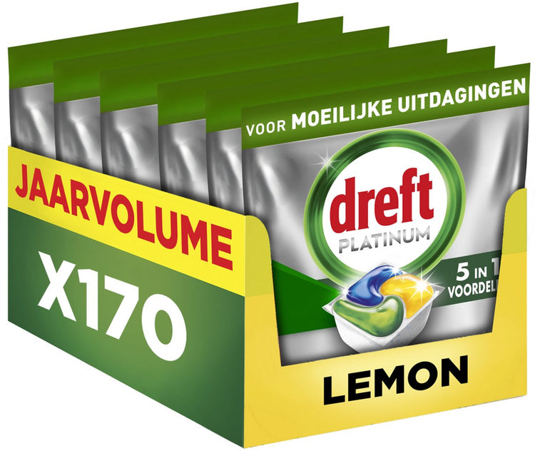 Tablettes pour lave-vaisselle tout-en-un Dreft Platinum - Citron - 170 gélules - Volume annuel