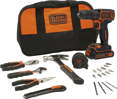 Perceuse sans fil Black+decker bdcdc18htsa, 18 v, comprenant un ensemble d'outils de 20 pièces et un sac