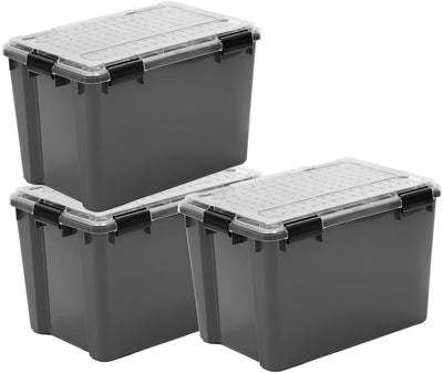Boîte de rangement extérieure Iris avec couvercle en polycarbonate - 70l - extra large - pour stockage en vrac - étanche à l'air - plastique - gris transparent noir - lot de 3