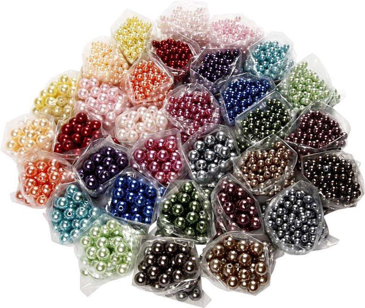 Creativ Company Pearls, D 6 + 10 mm, Taille du trou 1,5 + 2 mm, env. 640 + 3040 pièces, différentes couleurs, 32x20 g 1 boîte