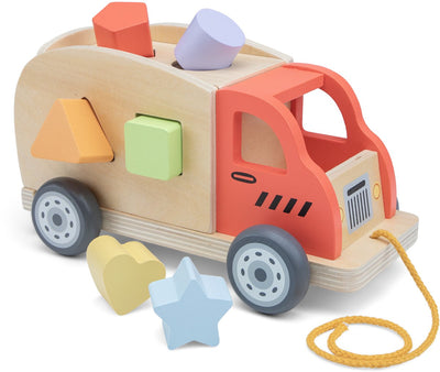 Woet ® camion de forme en bois - chariot de tri avec blocs de forme - figurine à tirer et trieur de formes en un - jouets éducatifs - véhicule jouet Montessori - à partir de 1 an