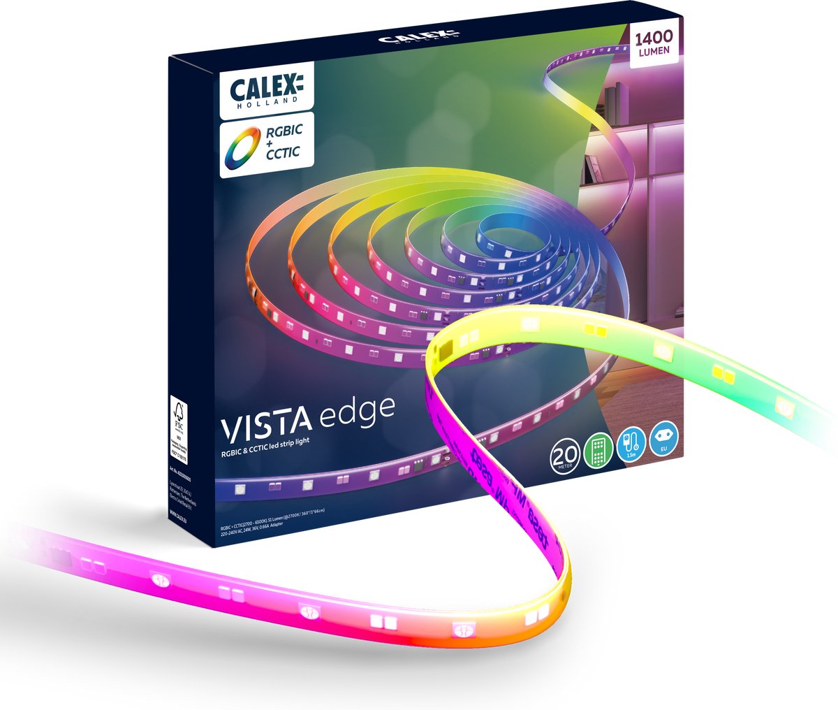 Bande LED Calex - 20 mètres - Contrôle individuel RGB + CCT - 1400 lumens - Utilisation intérieure - Éclairage de couleurs de lumière blanc froid à chaud - Synchronisation de la musique - Télécommande