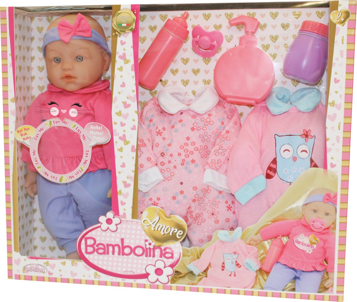 Poupée Dimian avec sons et vêtements de bébé - amore - 40 cm.