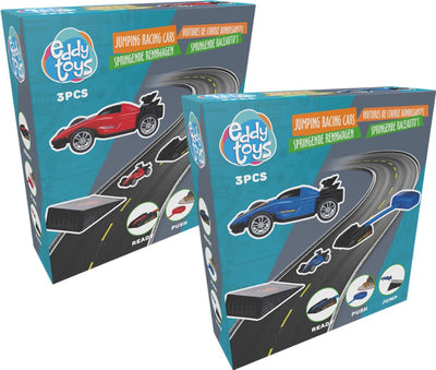Eddy Toys - Ensemble de voitures de course de saut - Lancement de voitures de course - Voiture jouet avec lanceur et rampe - Ensemble de 3 pièces - rouge ou bleu - 1 couleur aléatoire
