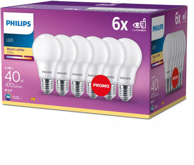 Lampe à économie d'énergie LED Philips mate - 40 w - E27 - lumière blanc chaud - 6 pièces - économisez sur les coûts énergétiques