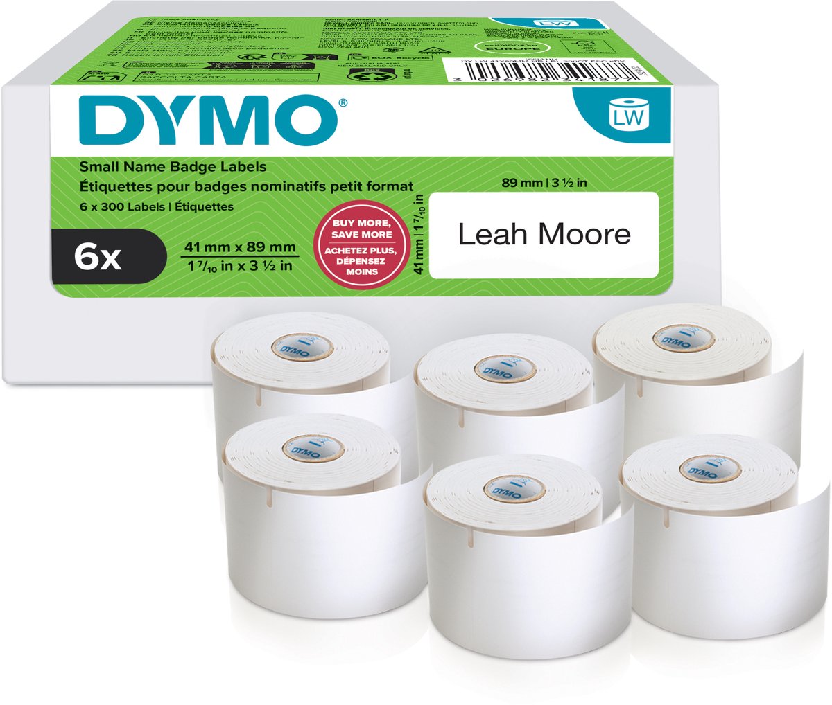 Dymo original labelwriter petites étiquettes de badge nominatif | 41 mm x 89 mm | autocollant | 6 avec 300 étiquettes chacune (1 800 étiquettes autocollantes) | pour les imprimantes d'étiquettes étiqueteuses | fabriqué en europe