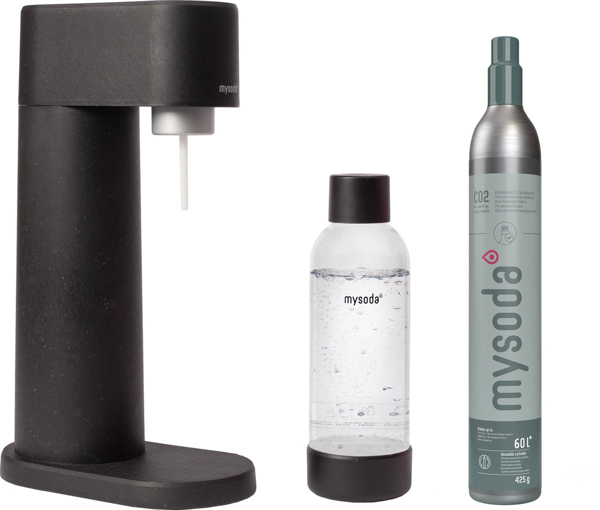 Mysoda woody black - machine à eau gazeuse en biocomposite écologique - avec bouteille cylindrique de CO2