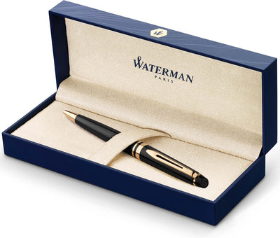 Stylo à bille expert Waterman | noir brillant avec finition or 23 carats | plume moyenne | encre bleue | emballage cadeau
