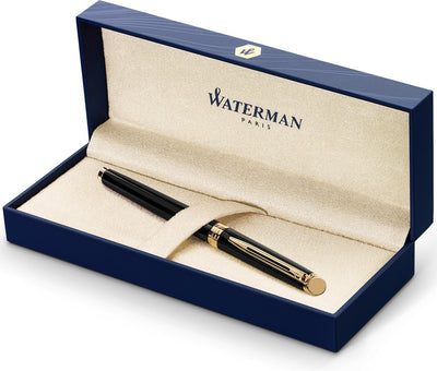 Stylo plume Waterman hémisphère | noir mat avec bord en or 23 carats | plume moyenne | encre bleue | emballage cadeau