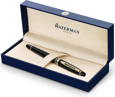 Stylo plume Waterman expert - noir brillant bord or 23 carats - plume moyenne - emballage cadeau