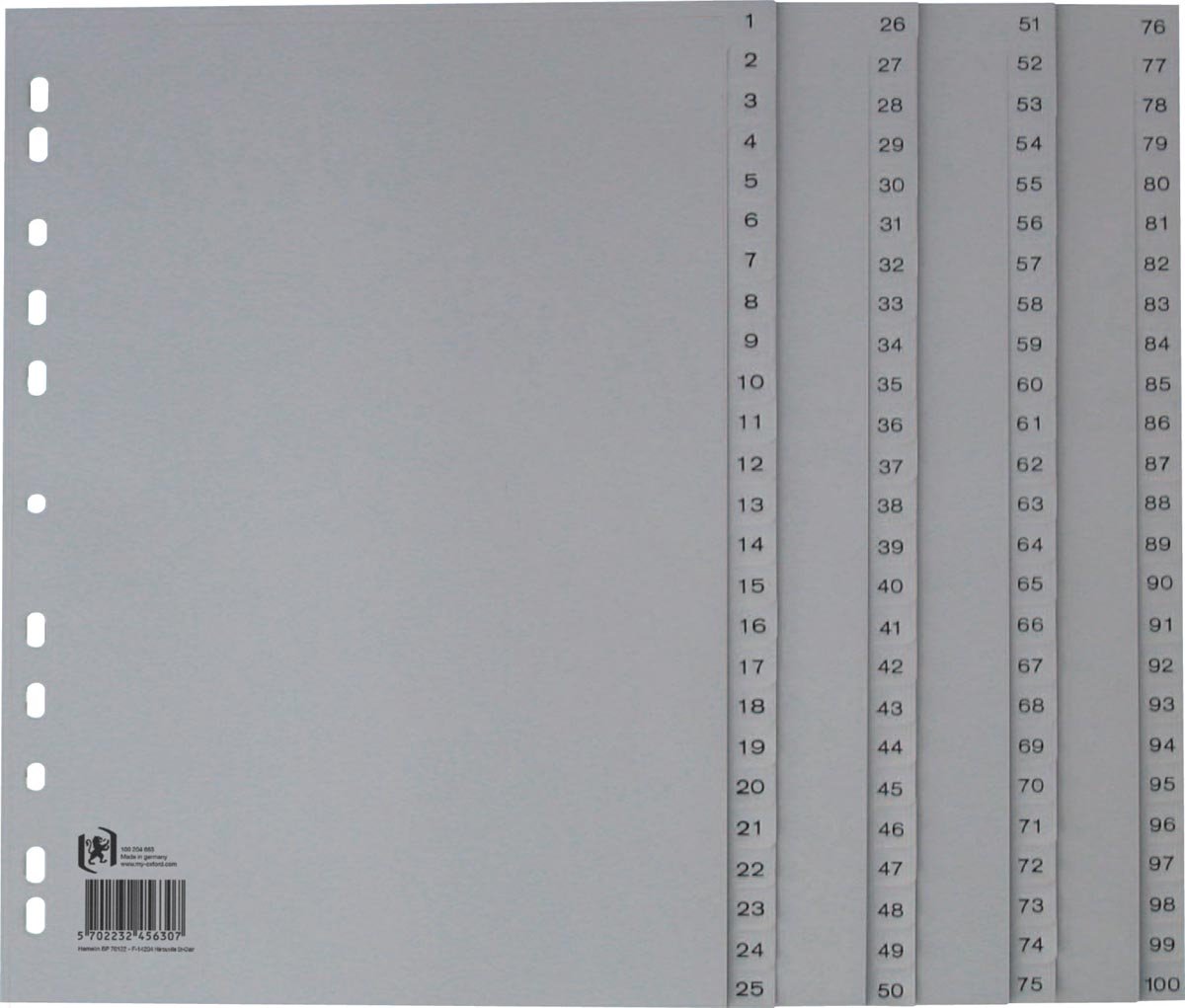 Onglets Oxford, a4, en pp, perforation 11 trous, 100 onglets numérotés, gris