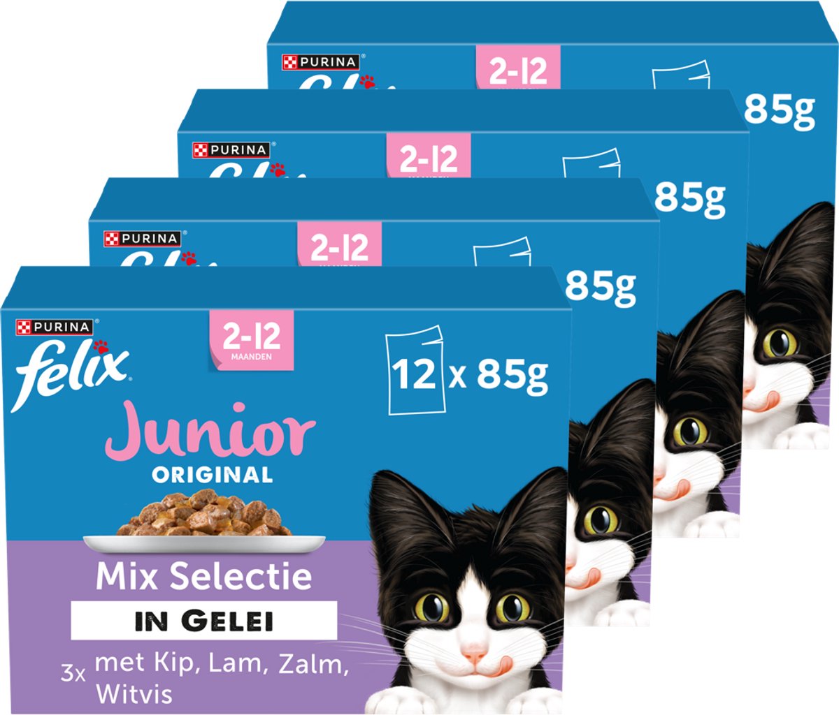 Felix original junior mix selection en gelée - nourriture humide pour chat - poulet agneau saumon et corégone - 48 x 85 g