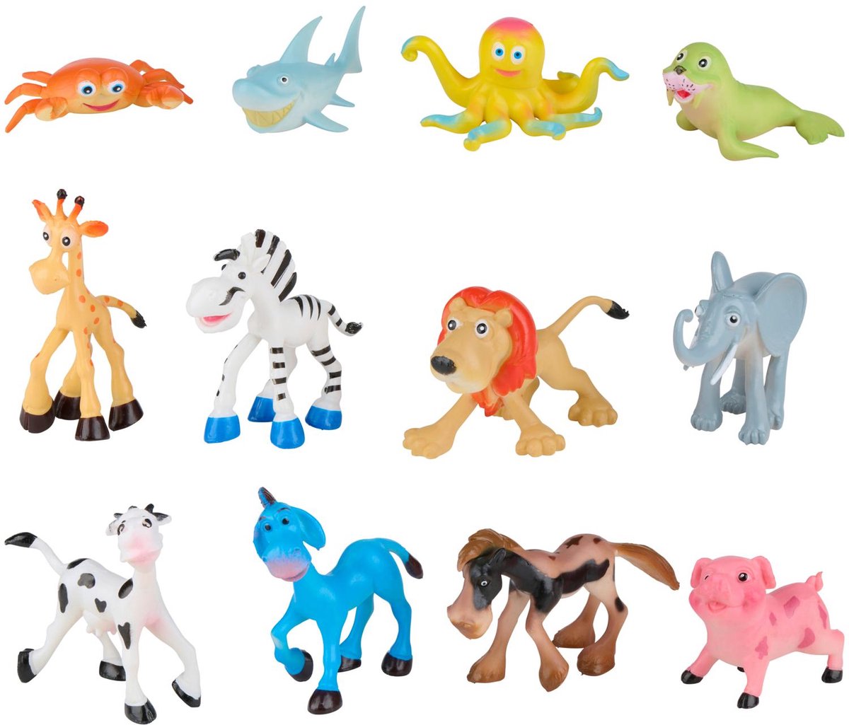 Eddy Toys Ensemble de Jouets pour Animaux - Figurines d'animaux de Dessin animé pour Enfants - Mini Animaux sur Le thème de la Ferme, de la Jungle et de la Mer - Ensemble de 4 Figurines d'animaux - Plastique - 1 Ensemble aléatoire