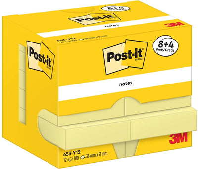 Notes autocollantes post-it 653-y12 38x51mm uni jaune