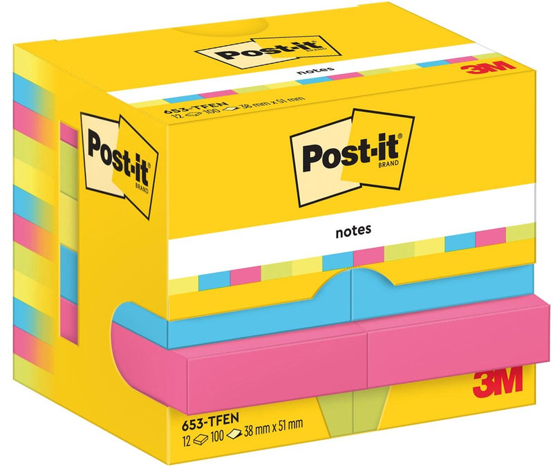 Notes autocollantes autocollantes post-it 653-tfen, bloc de 100 feuilles multicolores, paquet de 12 blocs
