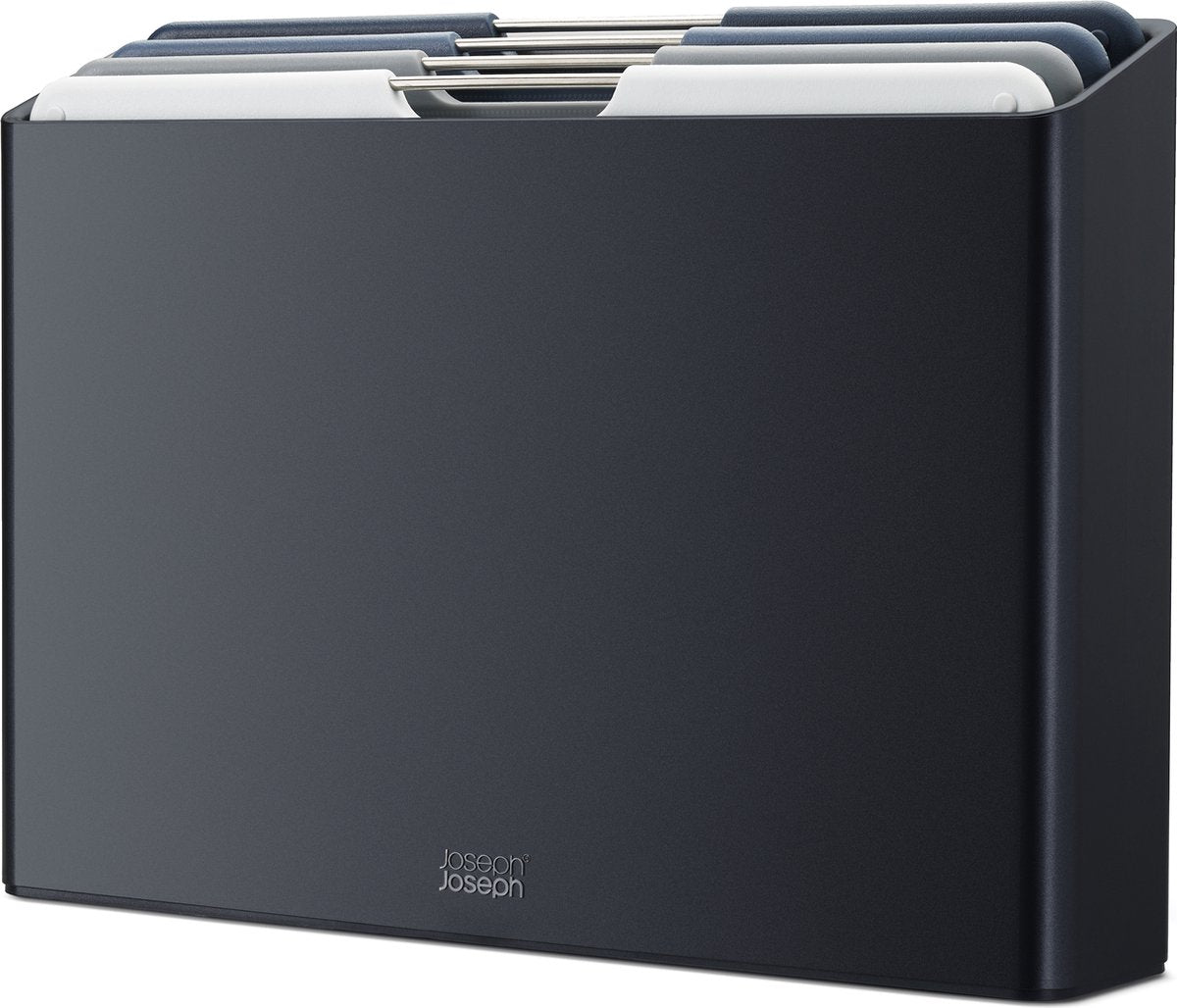 Joseph joseph folio™ ensemble de planches à découper 4 pièces – grande – gris foncé – code couleur – avec support de rangement – poignées en acier inoxydable