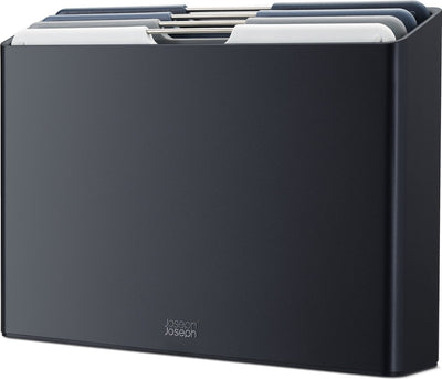 Joseph joseph folio™ ensemble de planches à découper 4 pièces – grande – gris foncé – code couleur – avec support de rangement – poignées en acier inoxydable