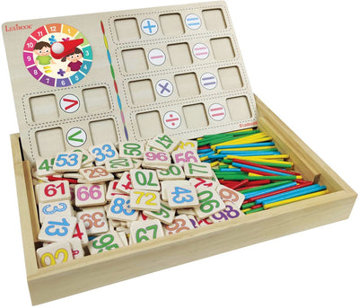 Lexibook bio toy® école de mathématiques - boîte en bois avec planche à dessin pour apprendre les mathématiques avec crayons de couleur, gomme, bâtons et 5 cartes avec tables de multiplication