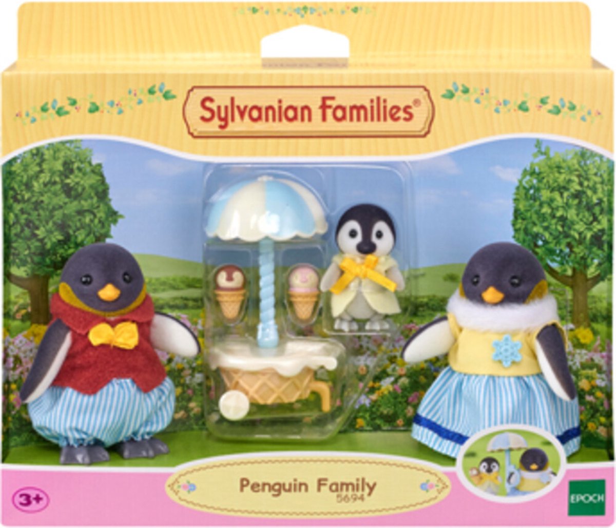 Familles Sylvanian 5694 pingouin familial - 3 figurines en peluche veloutées - chariot de glace