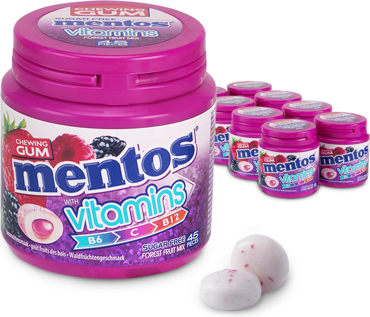 Mentos gum vitamines fruits des bois - chewing-gum - sans sucre - 8x45 pièces