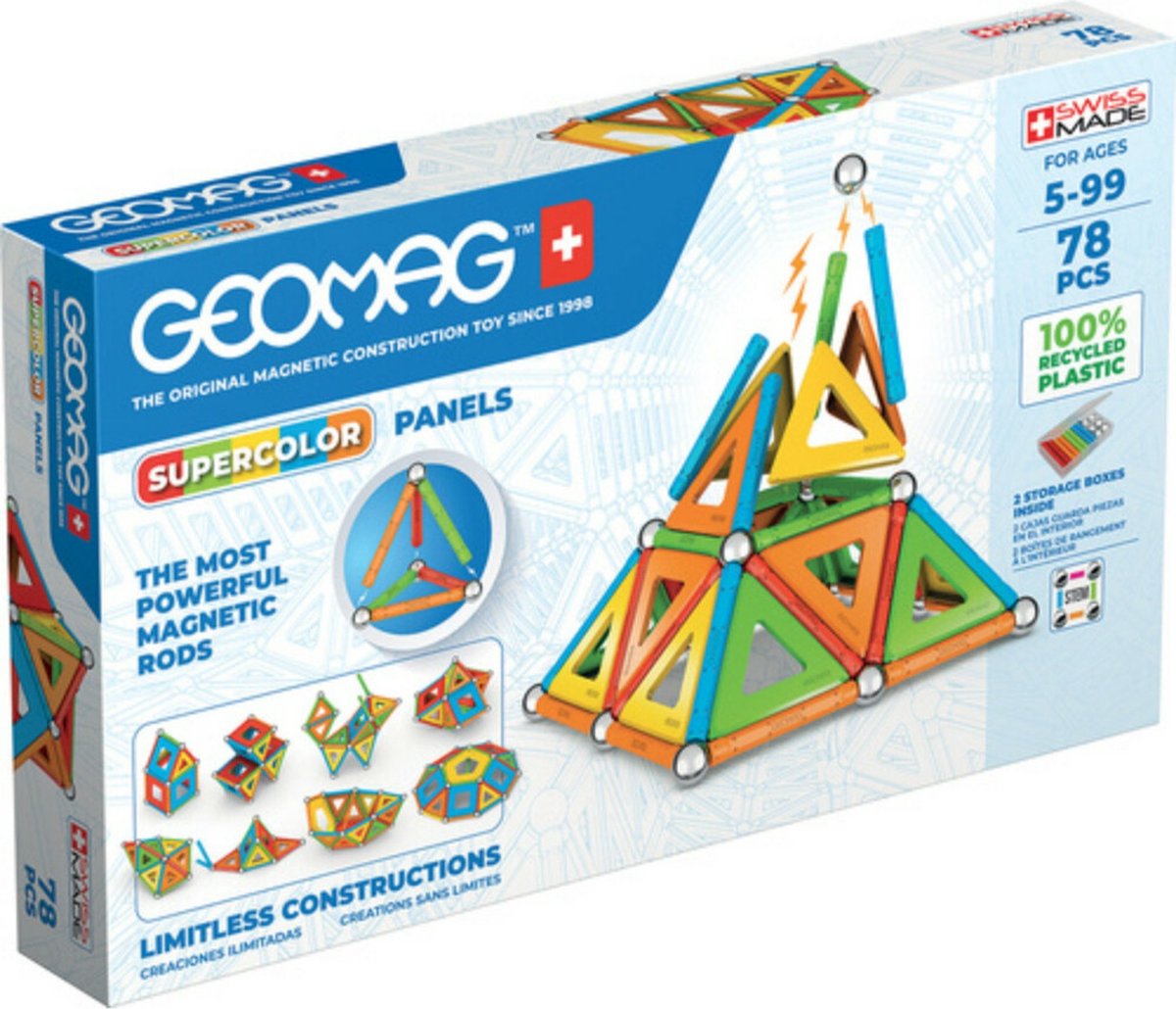 Geomag super color recyclé - jouets de construction magnétiques avec panneaux - 78 pièces - à partir de 5 ans