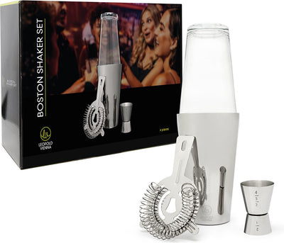 Léopold Vienne - service à cocktail boston en acier inoxydable (tasse à cocktail, passoire, pipette jigger) coffret cadeau
