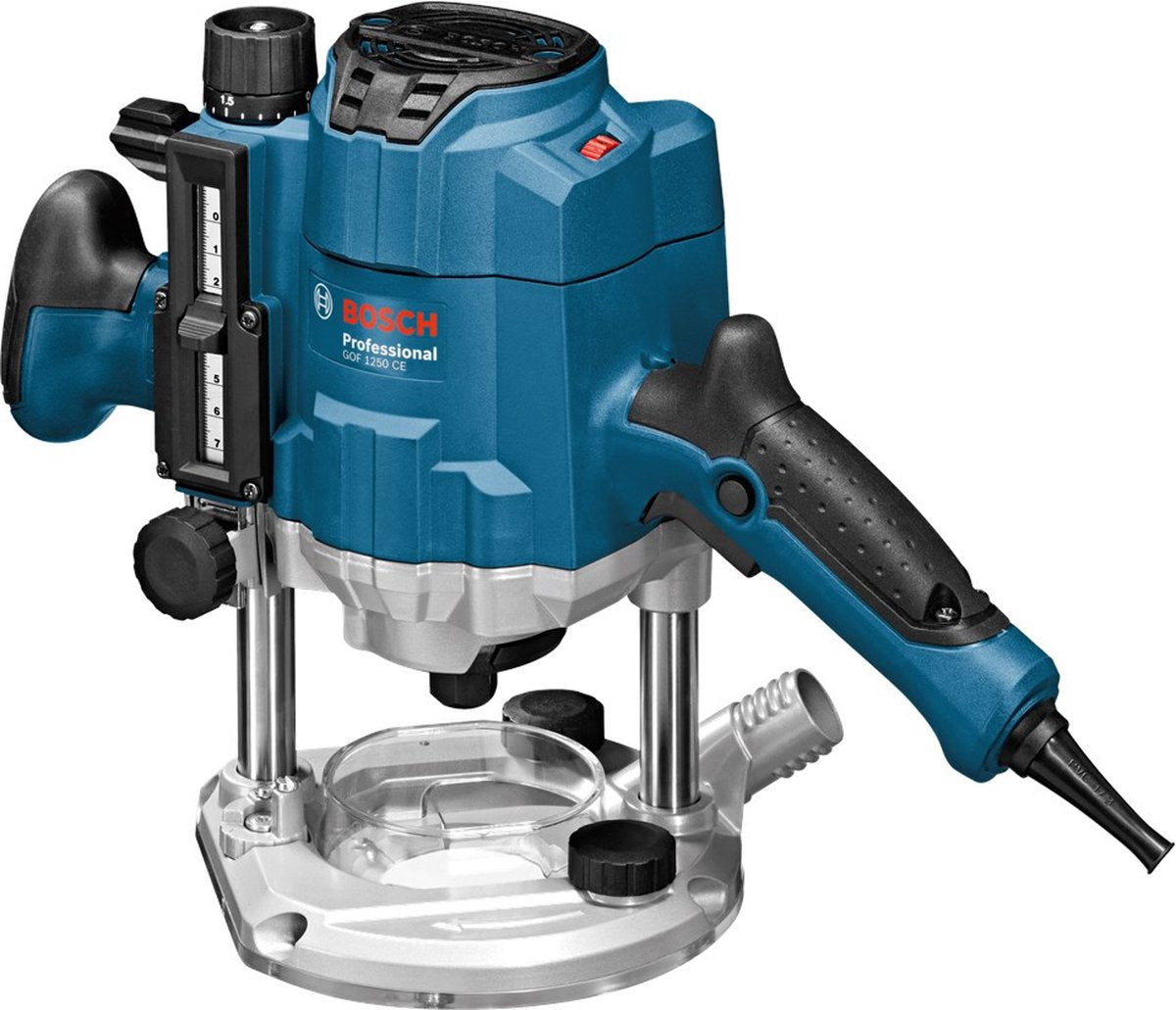 Défonceuse Bosch gof 1250 ce (clé de 19 mm, goupille de centrage 8 mm, manchon de copie 17 mm, guide parallèle, manchon de copie SDS)