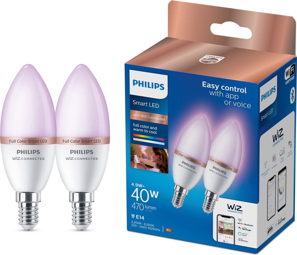 Philips Lighting philips smart Lighting - lampe bougie pack de 2 - éclairage LED intelligent - lumière colorée et blanche - e14 - 40w - mat - wi-fi