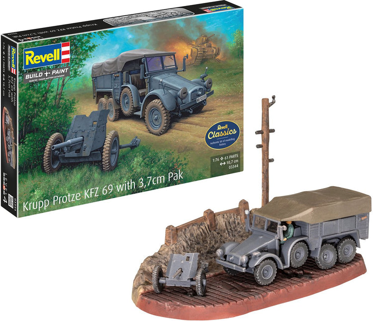 Revell kit de construction de véhicules militaires - 03344 krupp protze kfz 69 avec combinaison de 3,7 cm en plastique - 1:76 - modélisme