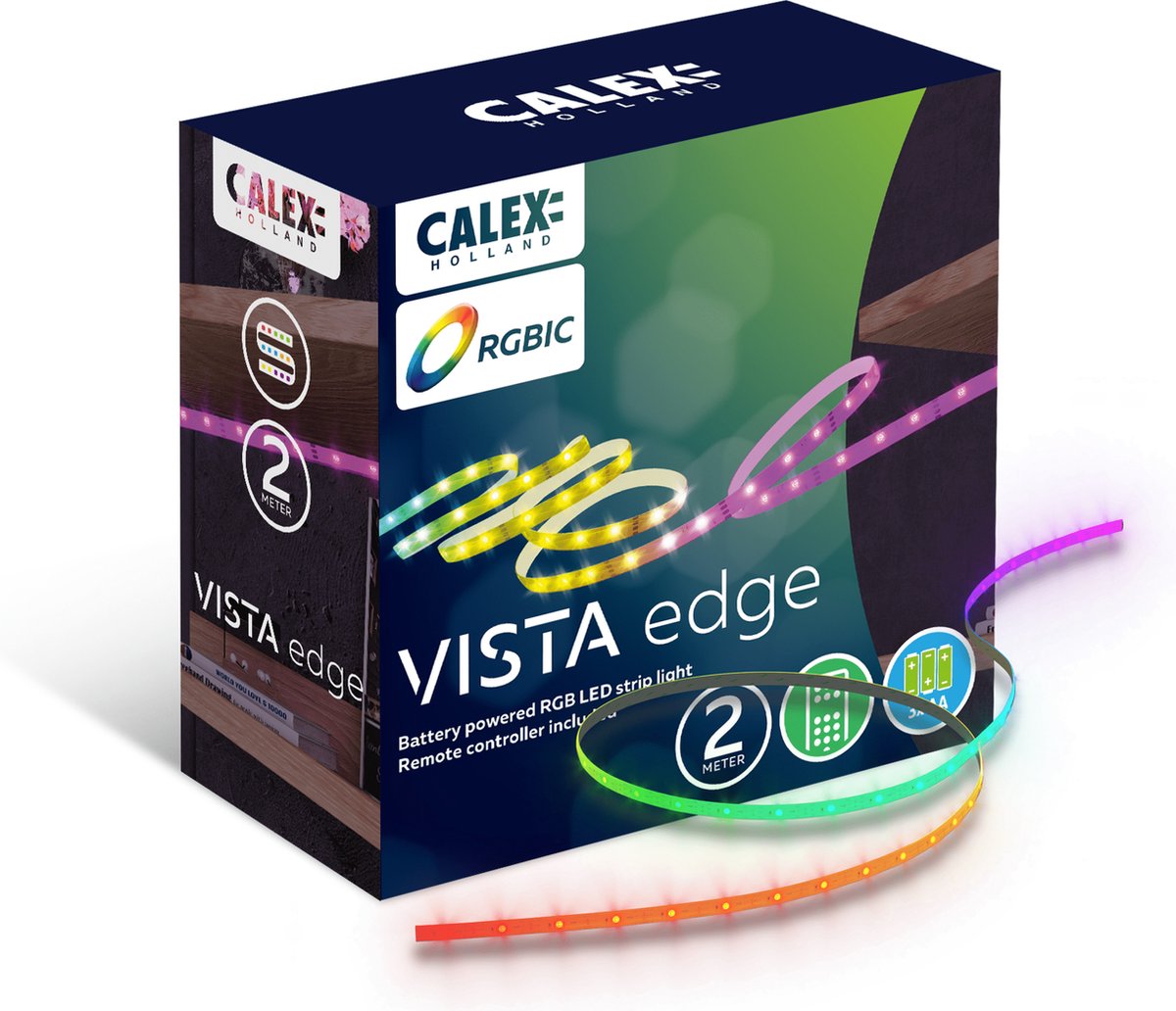 Bande LED Calex Vista 2 mètres - alimentée par batterie - RGBIC - lumière blanc chaud - avec télécommande