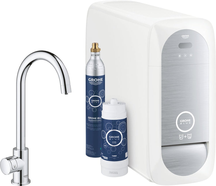 Robinet de cuisine Grohe blue home mono - avec Bluetooth et WiFi - kit de démarrage - bec en C - chrome - pour eau purifiée, réfrigérée et gazeuse