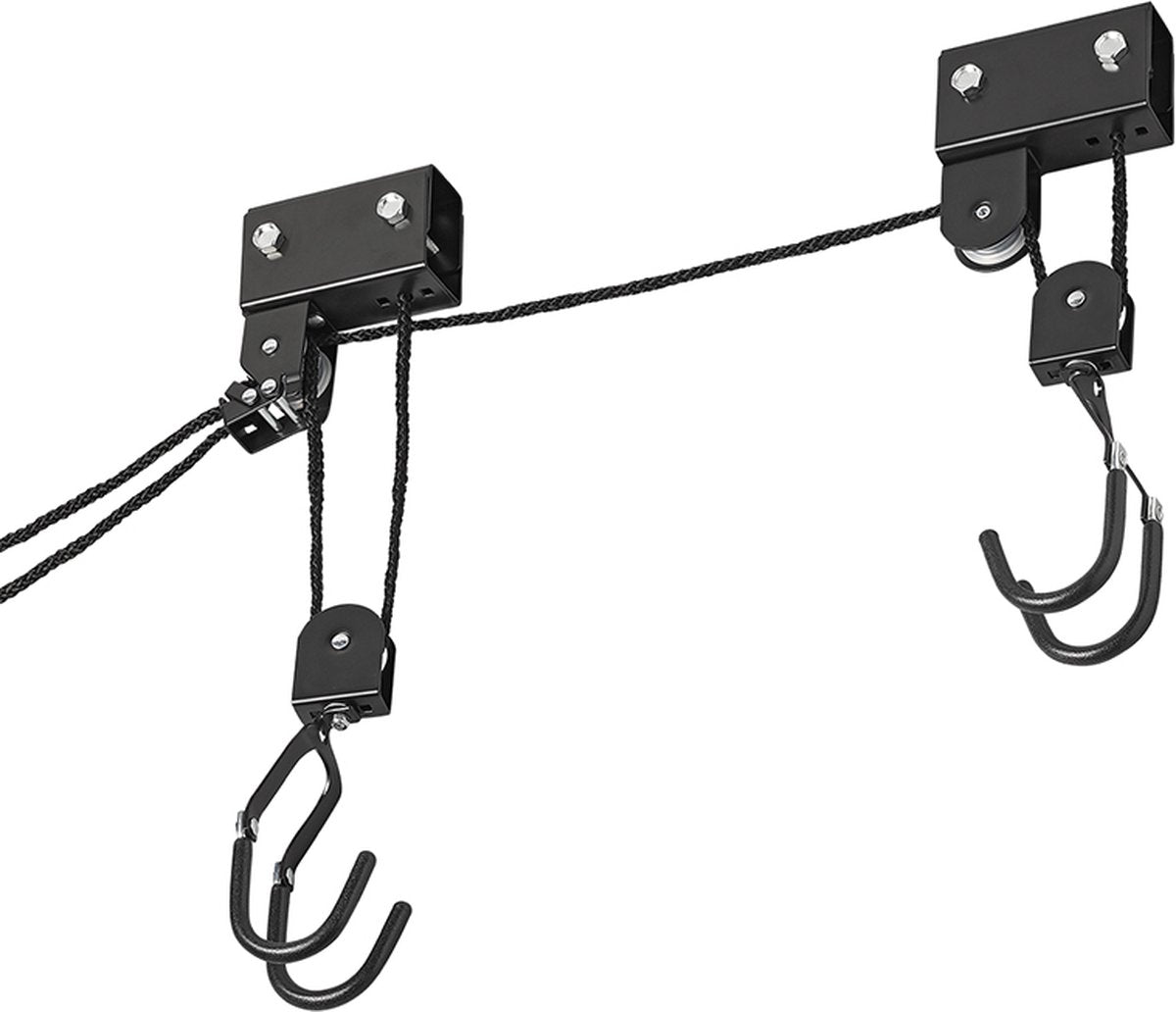 Élévateur à vélo Proplus - xl - système de suspension pour vélo, échelle et coffre de toit - avec poulies - jusqu'à 57 kg - montage au plafond - crochets avec finition en caoutchouc - également pour kayaks et échelles - noir