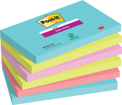 Notes post-it super collantes 127x76mm pack assorti 6 pièces 90 feuilles