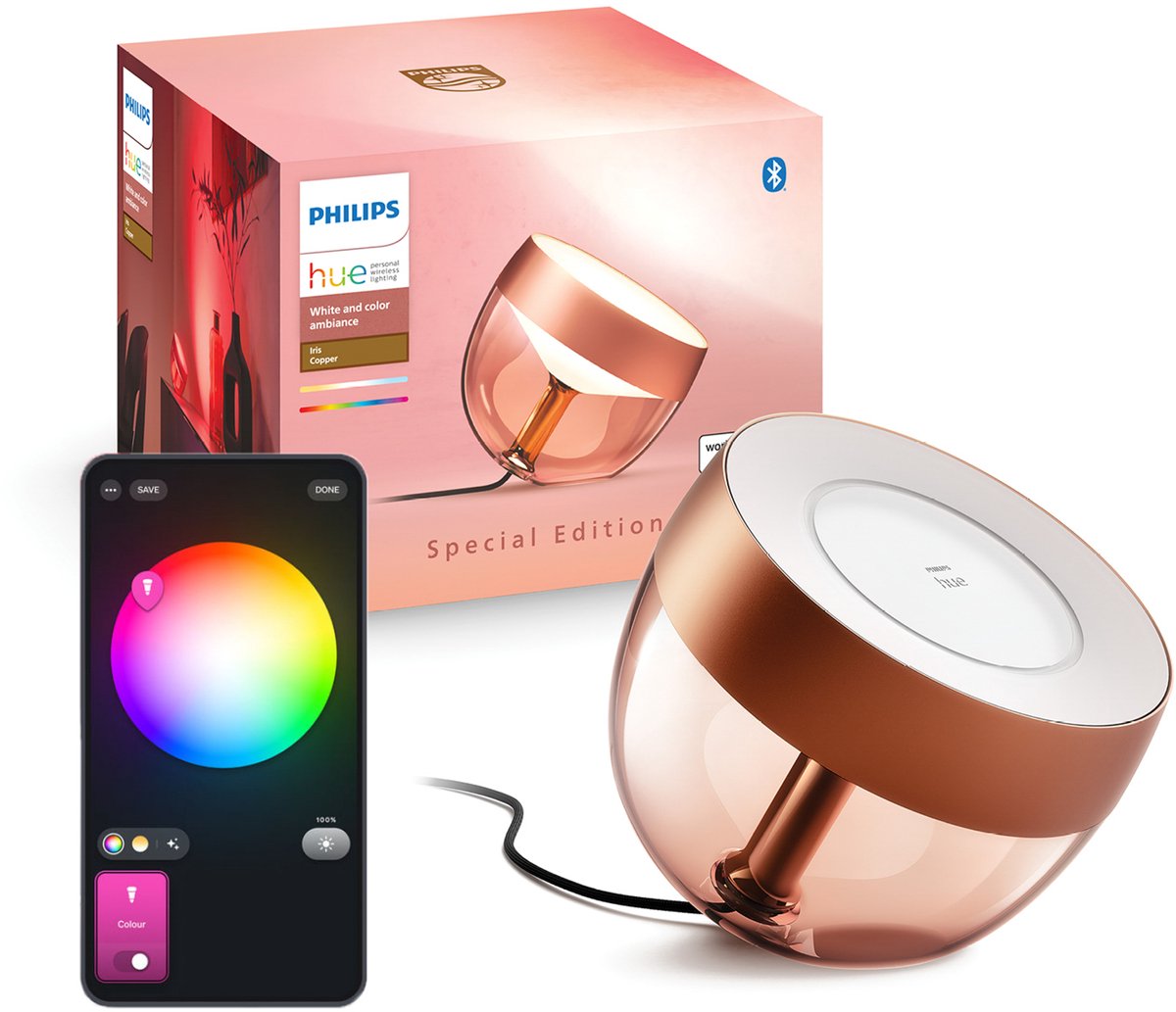 Lampe de table Philips hue iris - lumière blanche et colorée - cuivre