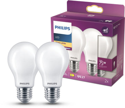 Lampe LED Philips - forme de lampe standard avec culot E27 - lumière blanc chaud : 2700k - 75w - verre dépoli - pack de 2